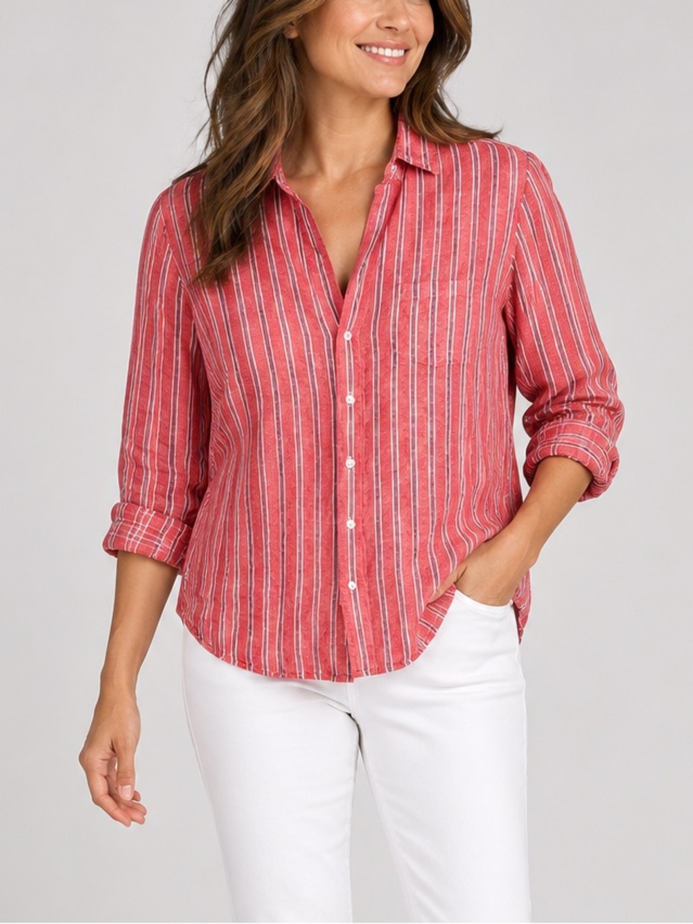 Frank & Eileen Small Top Eileen Red Stripe Italian 100% Linen Button Down Shirt